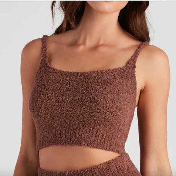 Windsor S Cream Nude Cozy Soft Chenille Spaghetti Strap Square Neck Crop PJ Top - Picture 1 of 7